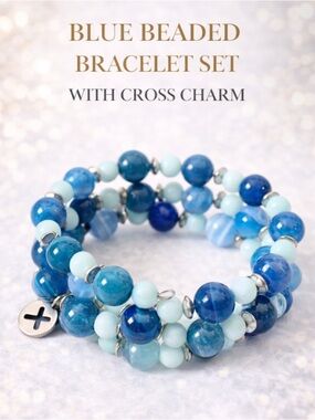 Blue Beaded Bracelet Set with Cross Charm - Blue